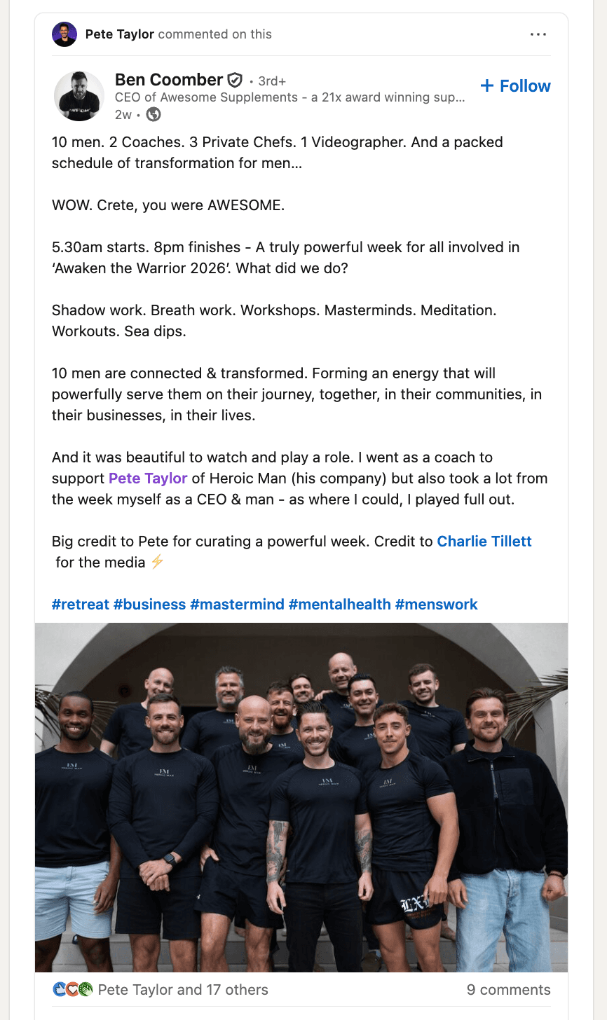 Ben Coomber on LinkedIn — 10 men. 2 Coaches. 3 Private Chefs. 1 Videographer.