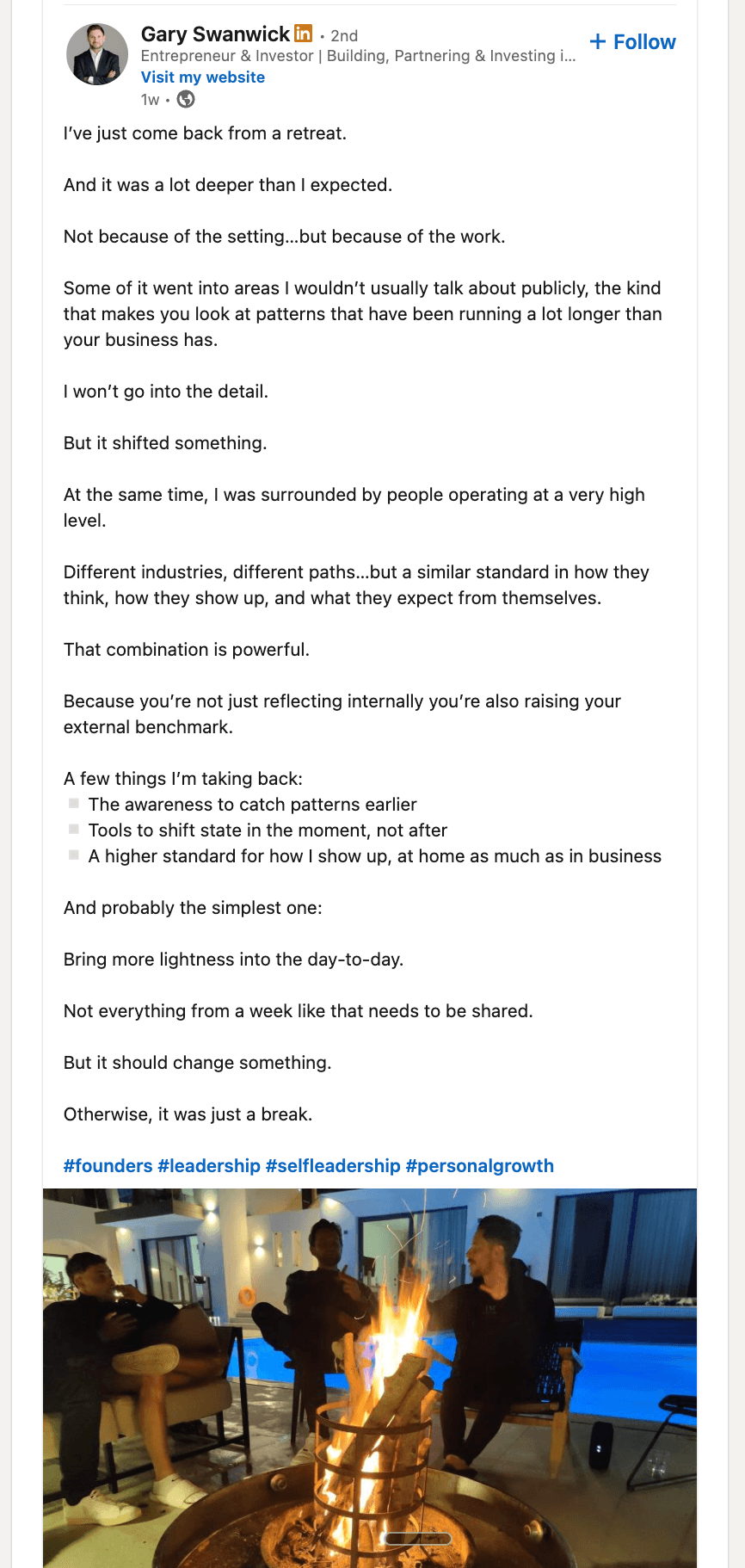 Gary Swanwick on LinkedIn — I've just come back from a retreat.